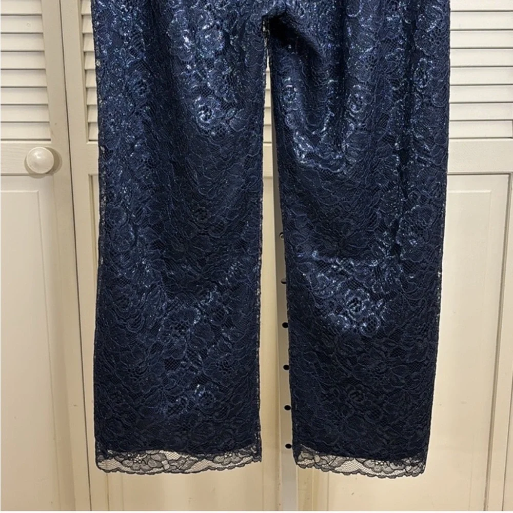 J. Crew Blue Lace Wide Leg Pants with Elegant Print and metallic silver thread - Picture 11 of 12
